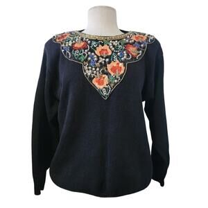 Vintage Victoria Harbour Floral Beaded Long Sleeve Sweater Blouse Womens Size L